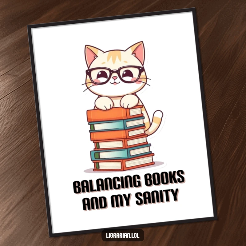 Funny Free Printable Wall Art: A smiling cat in glasses precariously balances a towering stack of books with focused determination.