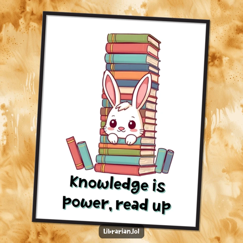 Funny Free Printable Wall Art: A curious bunny peeking from behind a towering pile of encyclopedias, embodying intellect and charm.