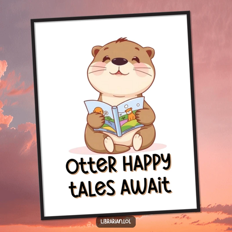 Funny Free Printable Wall Art: A sweet otter with great enthusiasm shows a child a captivating picture book.