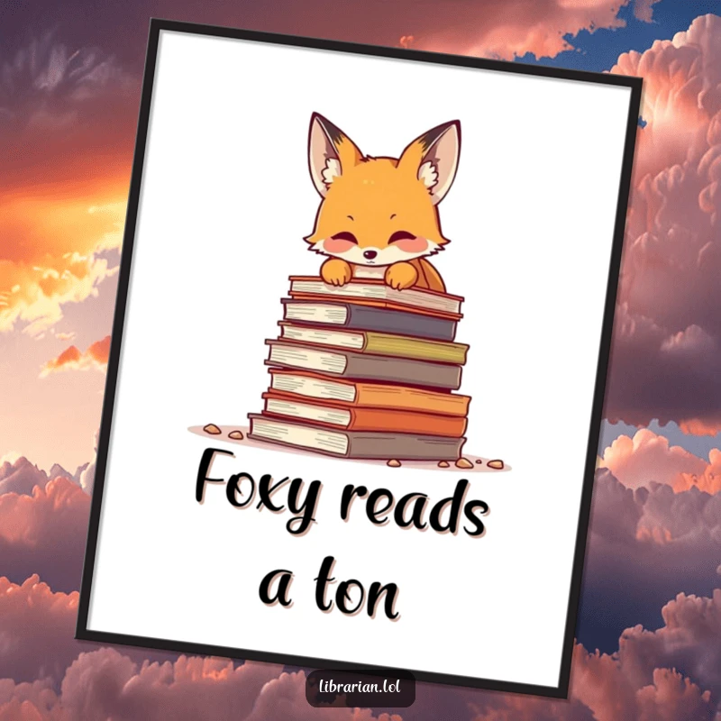Funny Free Printable Wall Art: Curious fox peering over a huge stack of dusty tomes, bookish decor