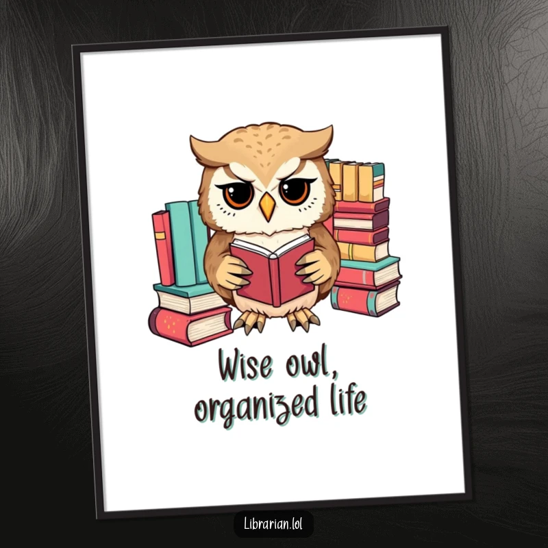 Funny Free Printable Wall Art: Determined owl meticulously sorting books by color with its paws, quirky decor