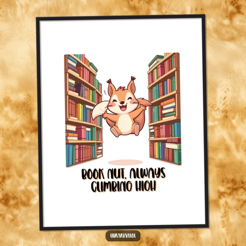 Funny Free Printable Wall Art: A playful squirrel grins wildly while leaping between overflowing bookshelves, a humorous bookish scene.