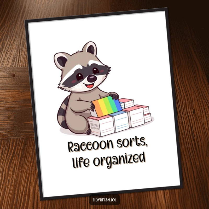Funny Free Printable Wall Art: A happy raccoon sorts a bright spectrum of index cards with pure delight and meticulousness.
