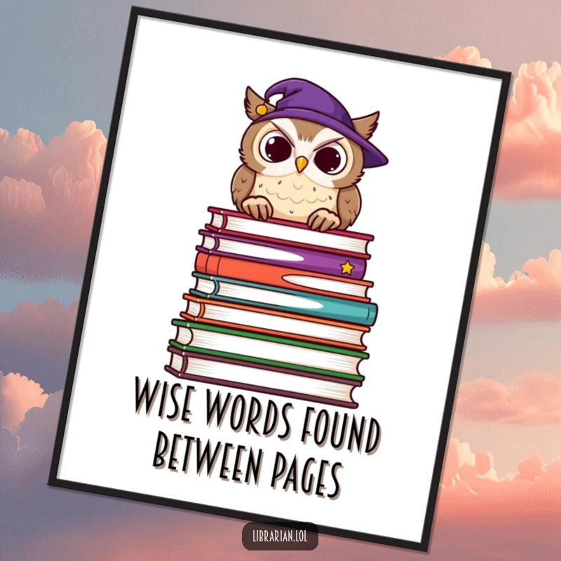 Funny Free Printable Wall Art: A wise owl peer over a giant stack of books with a gentle nod of approval.