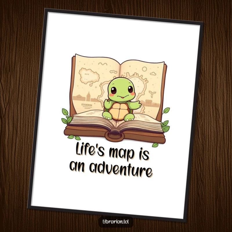 Free Printable Wall Art: A wise turtle pointing to a map on a large, open storybook.