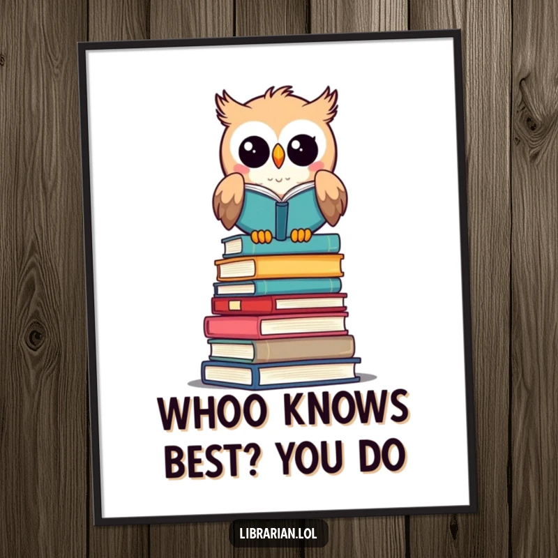 Funny Free Printable Owl Librarian Art: A cheerful owl librarian sits wisely atop a tall book stack, surveying with delight.