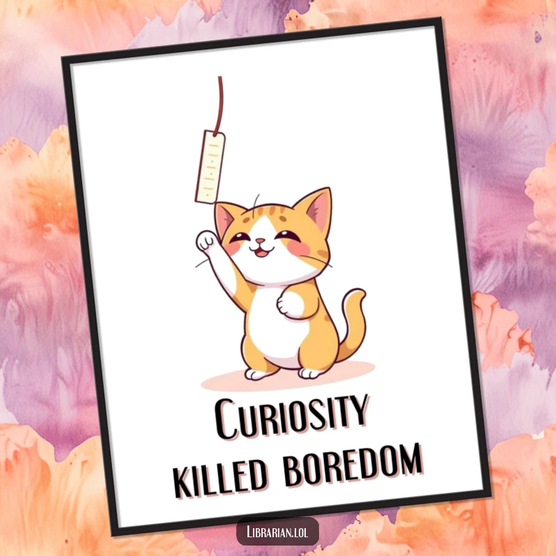 Funny Free Printable Wall Art: A playful cat joyfully bats at a dangling bookmark, captured in a moment of pure, amusing fun.