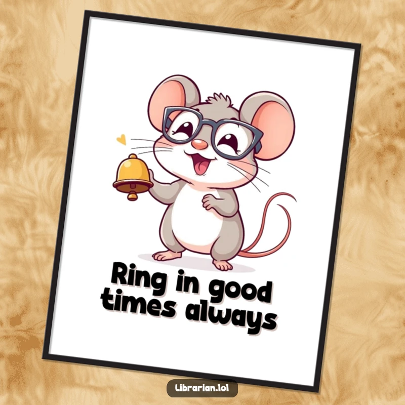 Funny Free Printable Wall Art: A small, happy mouse wearing spectacles rings a tiny bell with pure excitement, adding cheer.