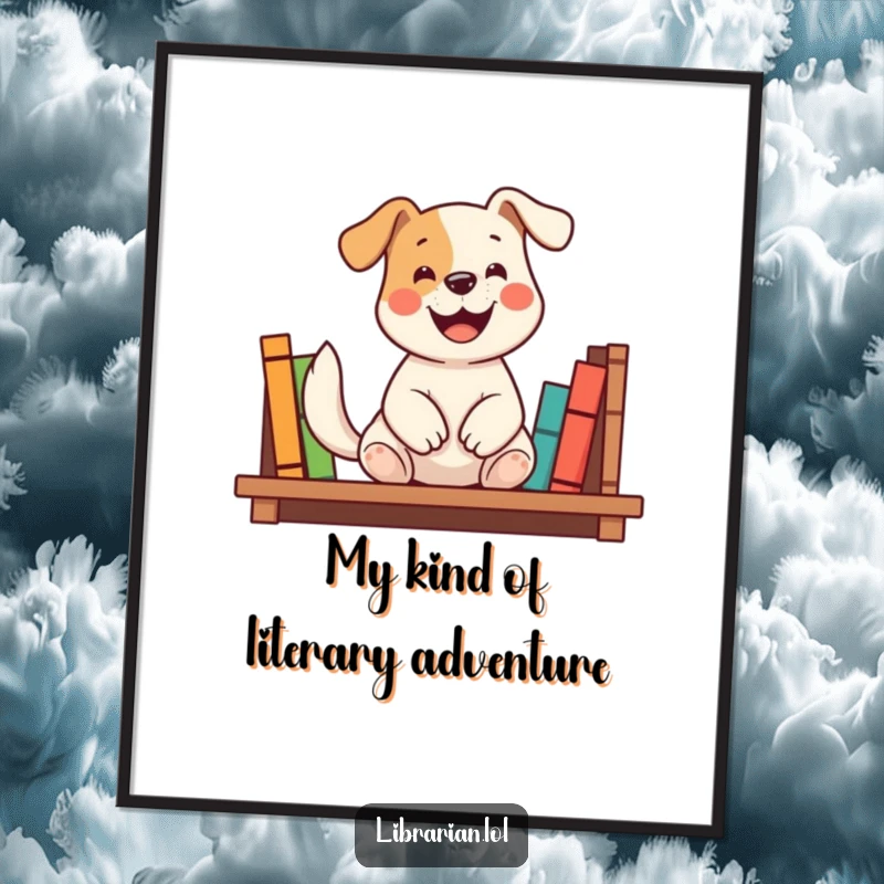 Funny Free Printable Wall Art: A happy dog with a bright smile and wagging tail is seen shelving books neatly.
