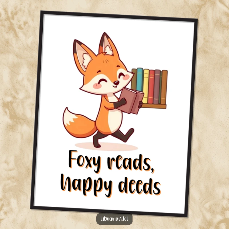 Funny Free Printable Wall Art: Cheerful fox with a spring in its step, reshelving a book, whimsical.