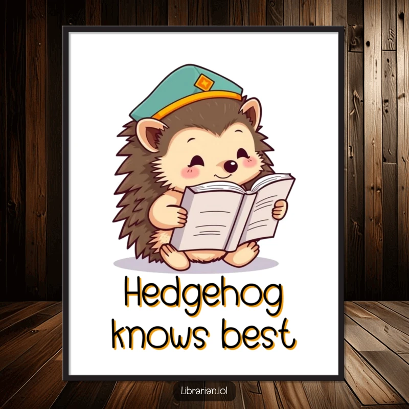Funny Free Printable Hedgehog Wall Art: A wise hedgehog wearing a scholar cap reads a large tome, perfect for study spaces.