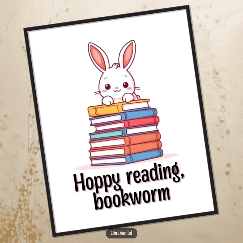 Funny Free Printable Wall Art: A playful rabbit peers curiously over a towering pile of books, creating a whimsical reading nook.