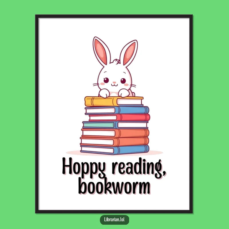 Free Printable Wall Art: Funny Rabbit Book Pile, Cozy Reader Downloadable Art