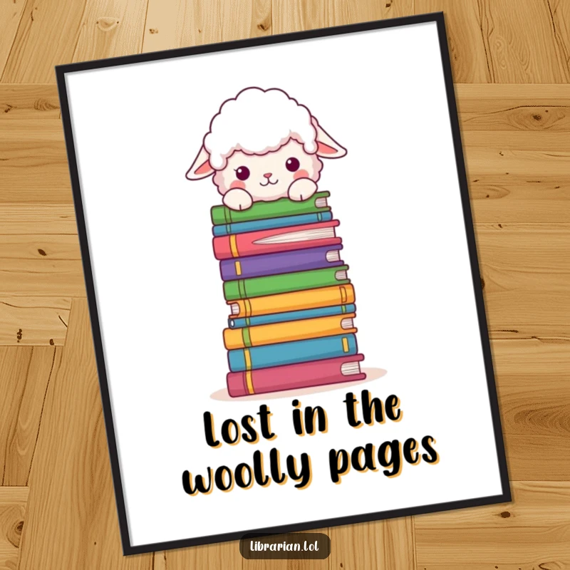 Funny Free Printable Wall Art: A fluffy sheep peeks over a towering stack of colorful books in a cozy setting.