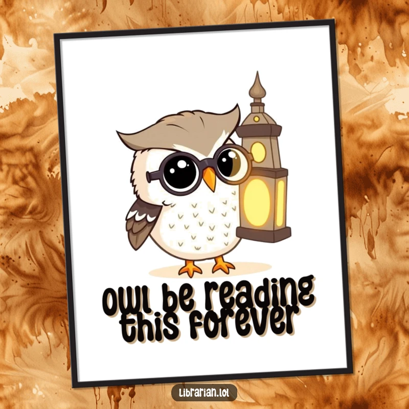 Funny Free Printable Wall Art: A curious owl wearing glasses intensely studies a brightly glowing, ancient tome.