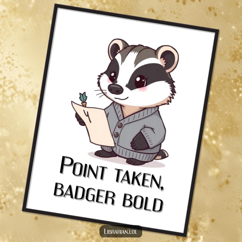 Funny Free Printable Wall Art of a determined badger in a cardigan pointing to a page with a quill, great for study.