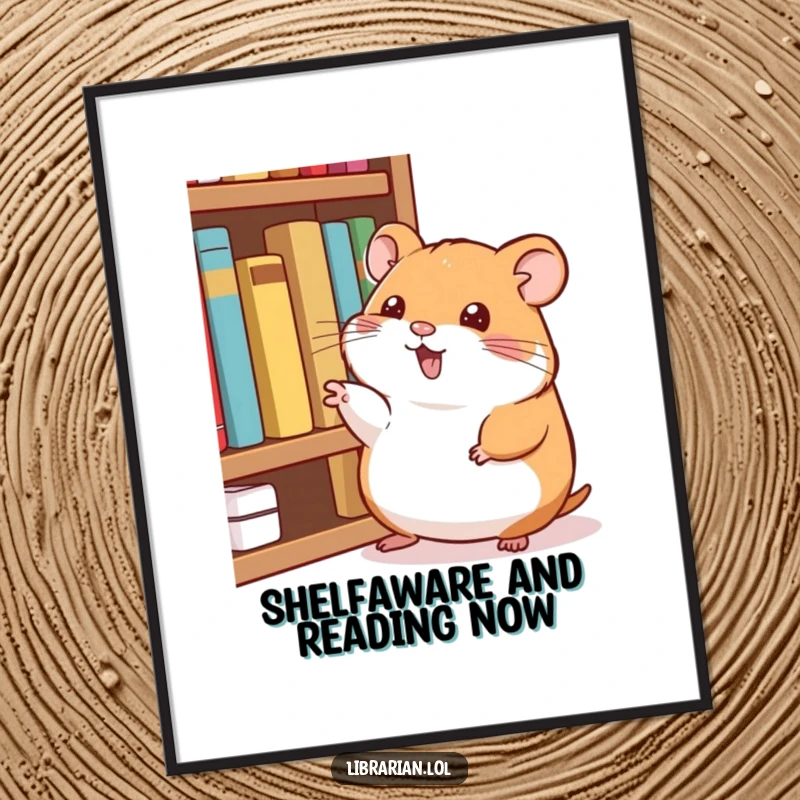 Funny Free Printable Wall Art: Happy hamster pointing at shelf of books. Literary, humorous decor.