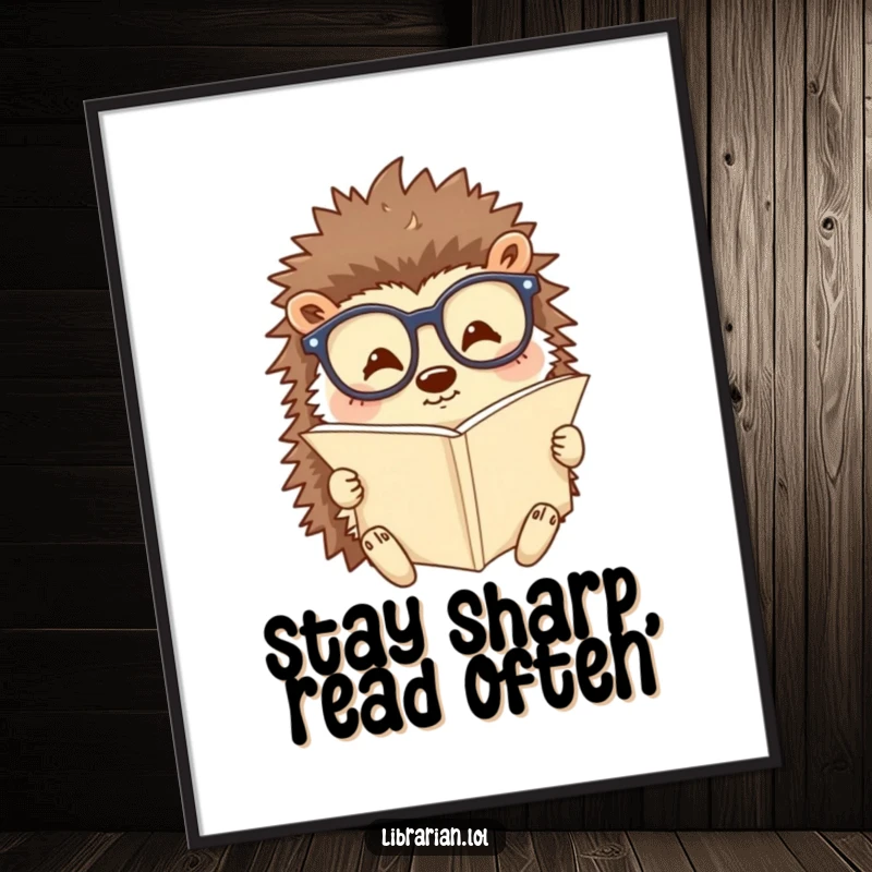 Funny Free Printable Wall Art: A happy hedgehog wearing reading glasses, engrossed in a tiny scroll, adds charm.
