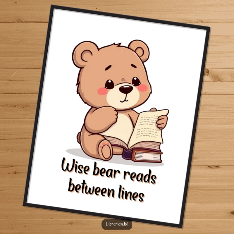 Funny Free Printable Wall Art: A studious bear with a knowing wink points to a book, exuding cleverness and charm.