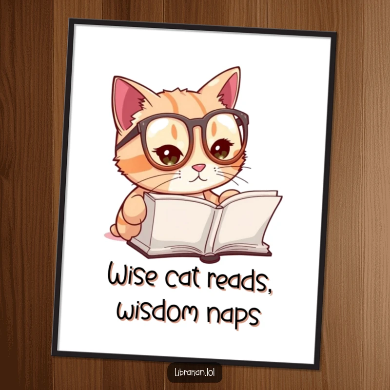 Funny Free Printable Wall Art: A cute cat wearing tiny reading glasses looks intently at an open book, exuding scholarly charm.