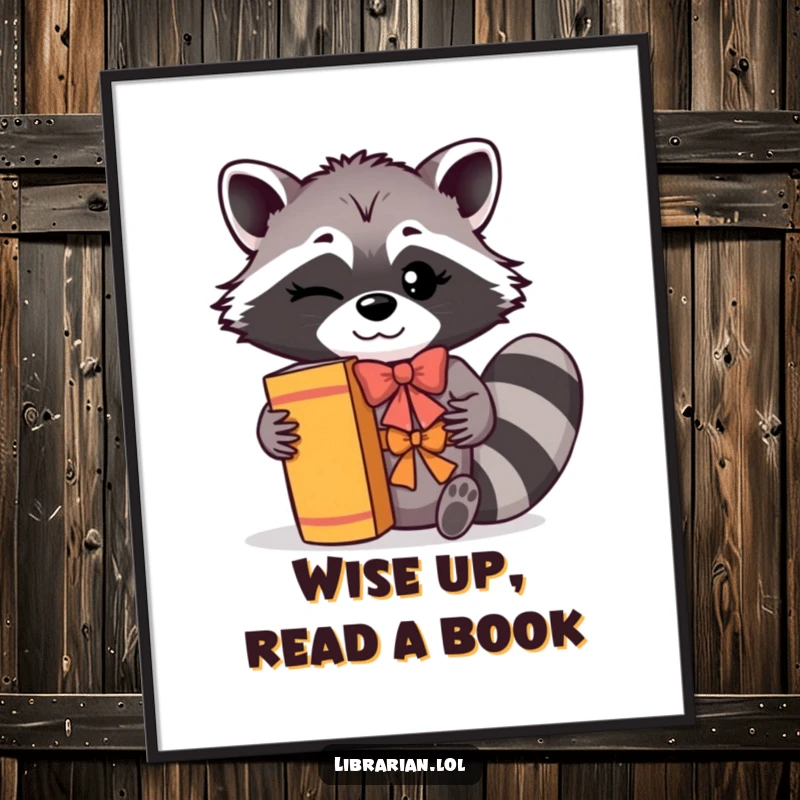 Funny Free Printable Wall Art: A winking raccoon cheerfully shelves books with a flourish. Playful downloadable art.