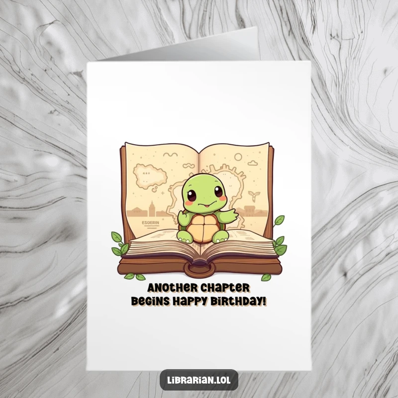 Free Printable Birthday Card: Wise turtle pointing to a map inside a large, open storybook for a birthday.