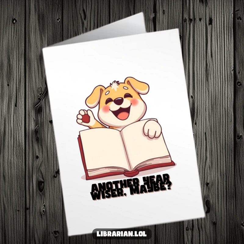 Funny Free Printable Birthday Card: Happy dog enthusiastically stamping a large book with its paw, a joyous downloadable greeting card.