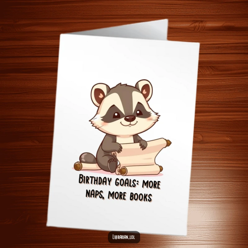 Funny Free Printable Birthday Card: Determined badger joyfully organizing scrolls, celebrating with efficiency.