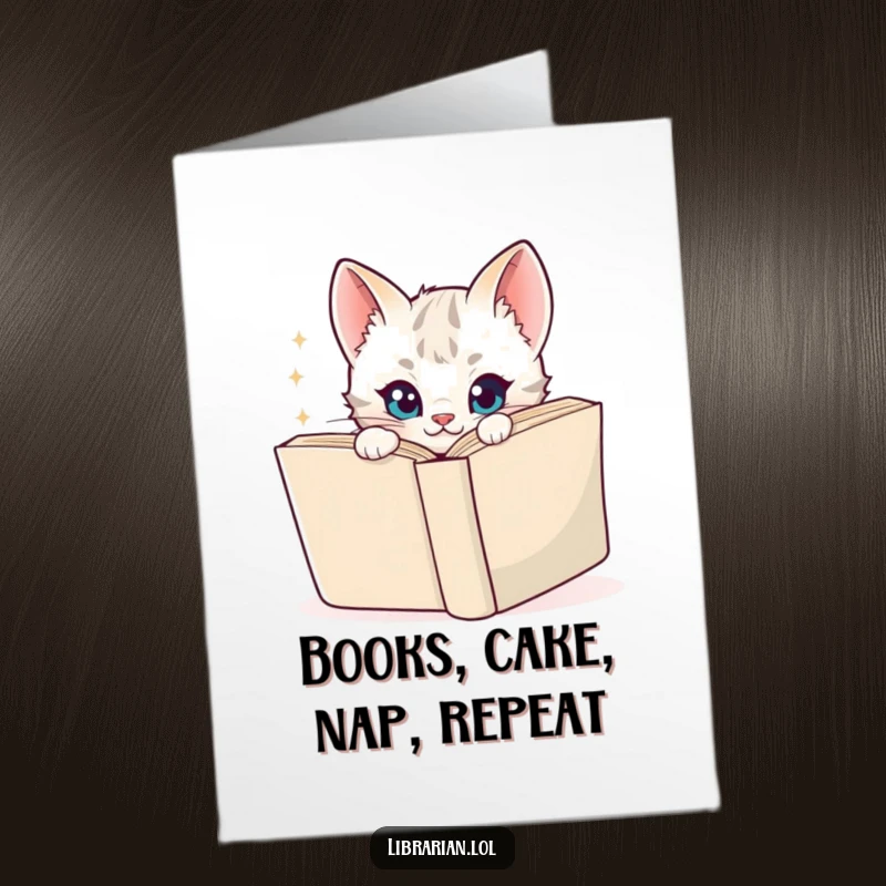 Funny Free Printable Birthday Card: Playful kitten peeking around book, sparkling eyes, ready for birthday fun.