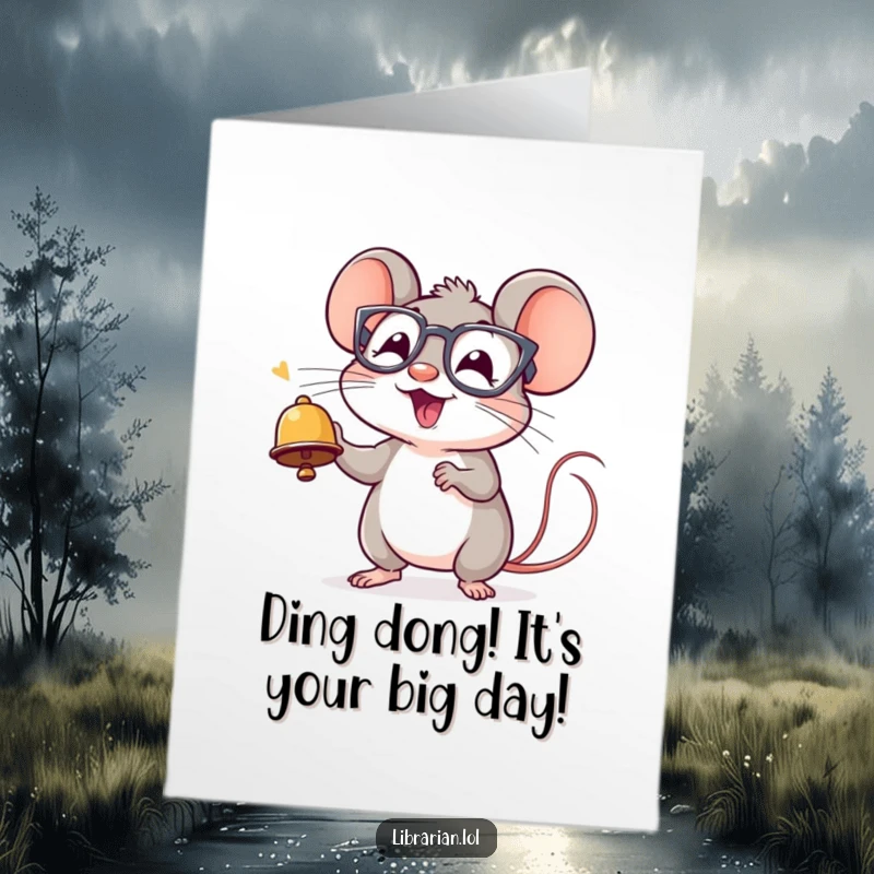 Funny Free Printable Birthday Card: Small, cheerful mouse wearing glasses happily rings a tiny bell, signaling birthday fun.