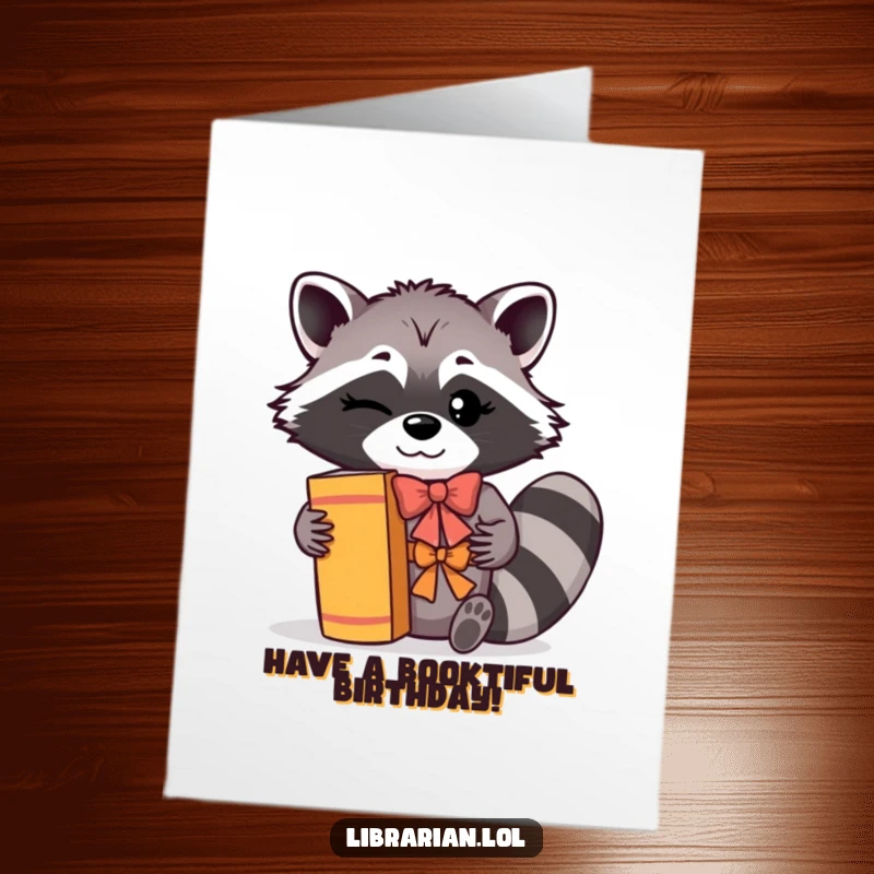 Funny Free Printable Birthday Card: Winking raccoon cheerfully shelves books with a flourish. Humorous downloadable art.