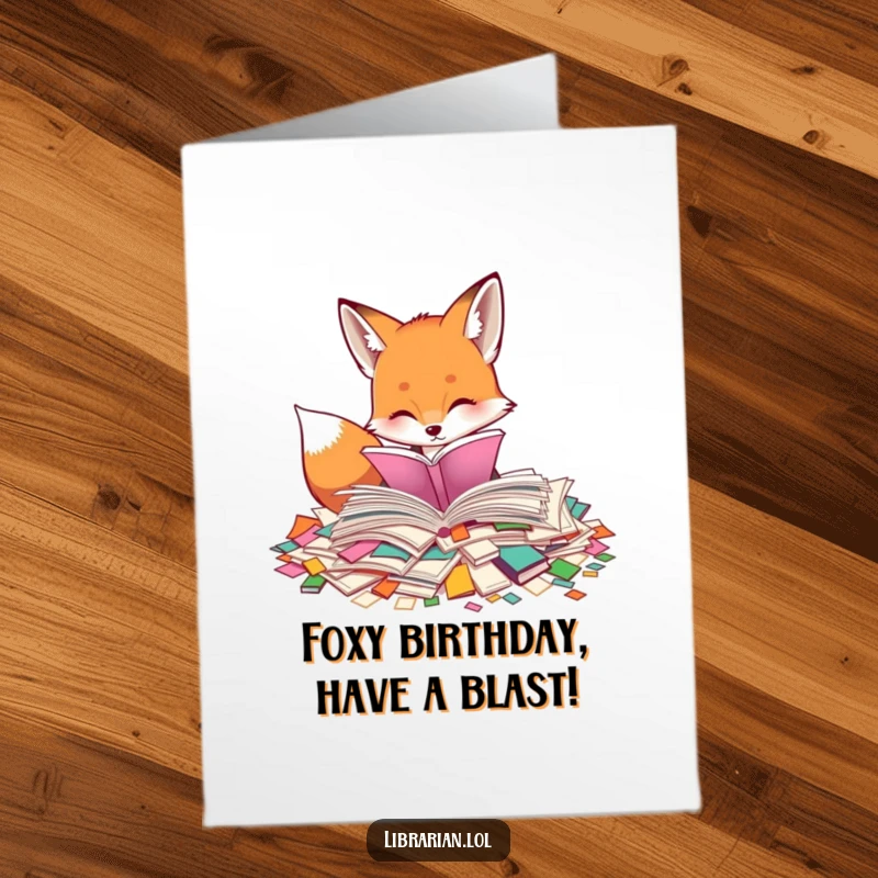 Funny Free Printable Birthday Card: A curious fox wades through scattered colorful pages, celebrating a birthday.