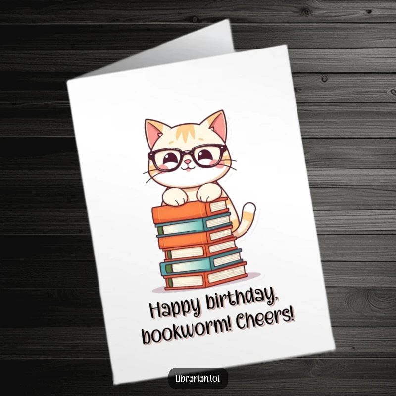 Funny Free Printable Birthday Card: A smiling cat in glasses carefully stacks books, almost reaching the ceiling.
