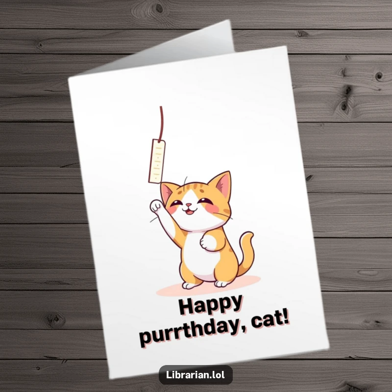 Funny Free Printable Birthday Card: A playful cat joyfully bats at a dangling bookmark, full of mischief and delight.