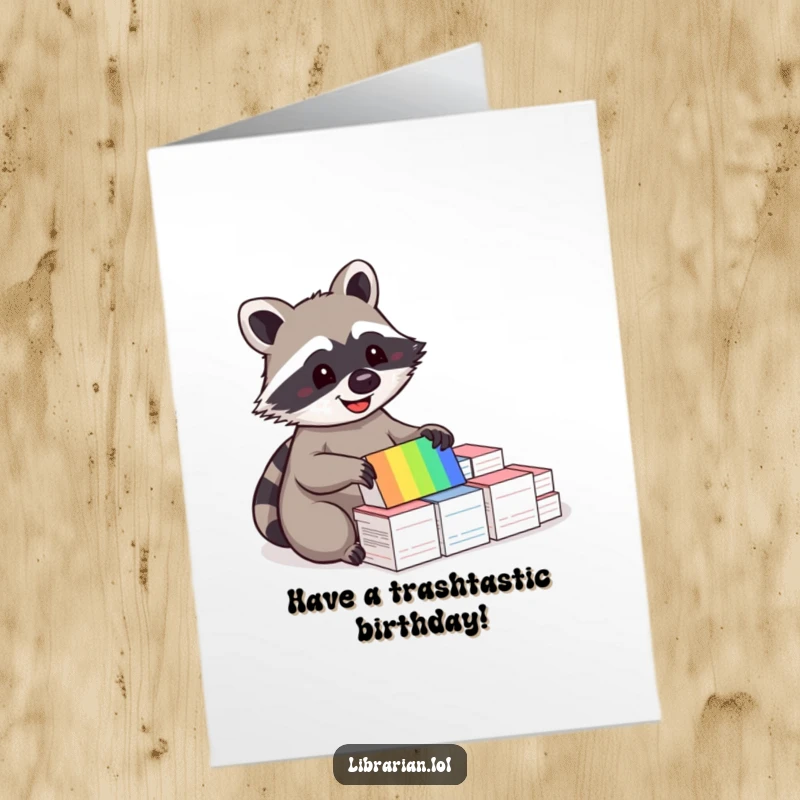 Funny Free Printable Birthday Card: A happy raccoon gleefully sorts colorful index cards, celebrating organization and birthdays.