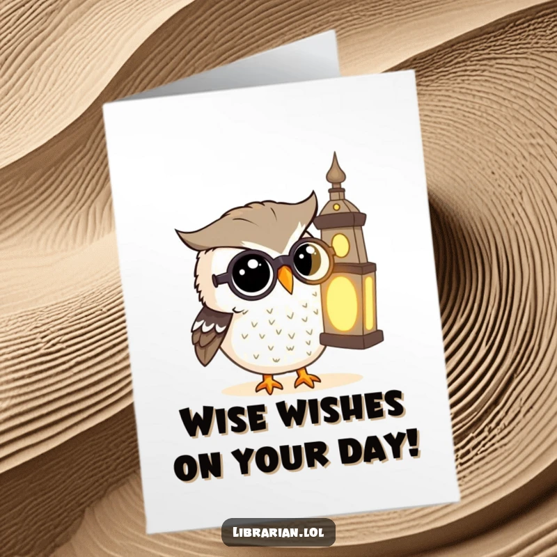 Funny Free Printable Birthday Card: A curious owl in spectacles examines a glowing ancient tome with great interest.