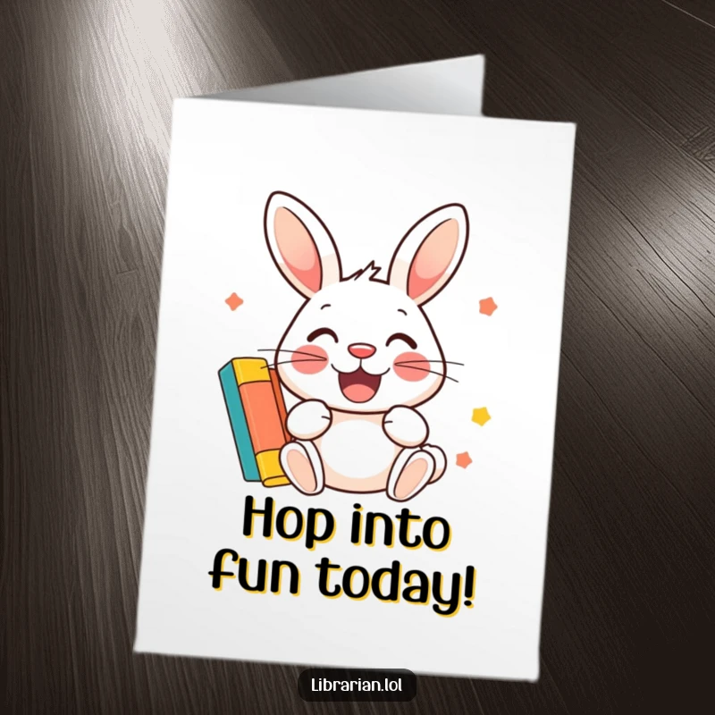 Funny Free Printable Birthday Card: A happy rabbit grins widely while stamping a vibrant, colorful library card.