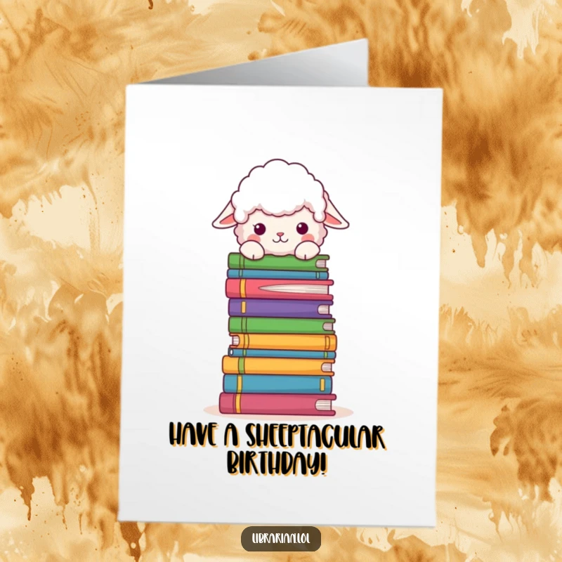 Funny Free Printable Birthday Card: A cute fluffy sheep curiously peeks over a tall stack of colorful books.