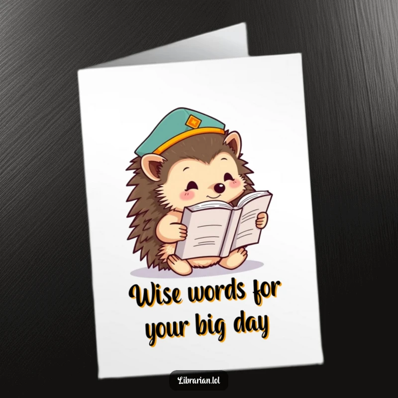 Funny Free Printable Hedgehog Birthday Card: A studious hedgehog in a knowledge cap reads a big book, a perfect DIY gift.