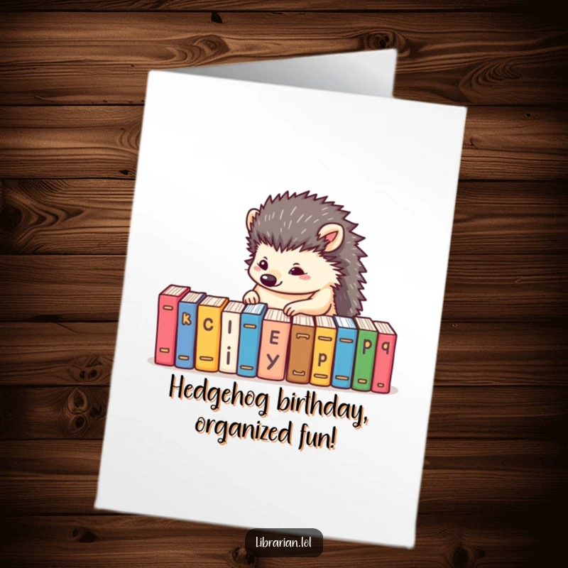 Funny Free Printable Hedgehog Birthday Card: A determined hedgehog meticulously alphabetizes books, wishing a perfectly organized birthday.