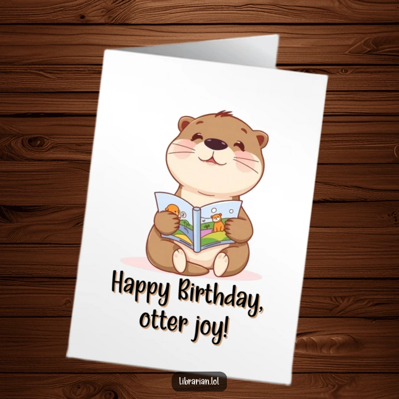 Funny Free Printable Otter Birthday Card: A sweet otter enthusiastically shows a child a picture book, celebrating a birthday.