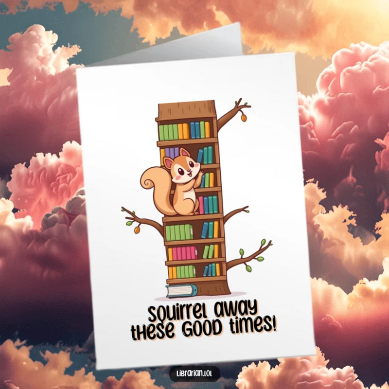 Funny Free Printable Birthday Card: Playful squirrel energetically climbing a massive bookshelf like a tree