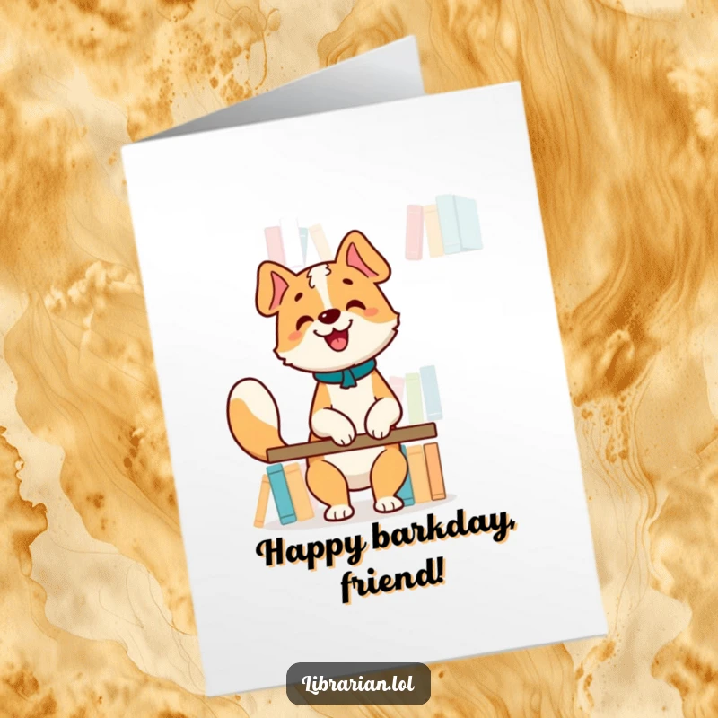 Funny free printable birthday card of a happy dog librarian wagging its tail while organizing books on a high shelf.