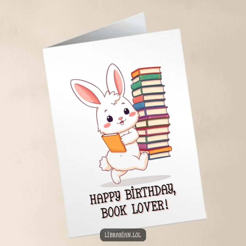 Funny Free Printable Bunny Librarian Birthday Card: A bunny librarian tiptoes with huge books, sharing birthday joy.