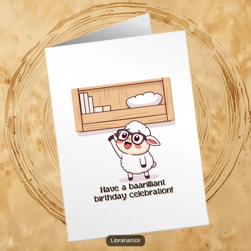 Funny Free Printable Birthday Card: Happy sheep with glasses excitedly reaching for a high shelf on their birthday.