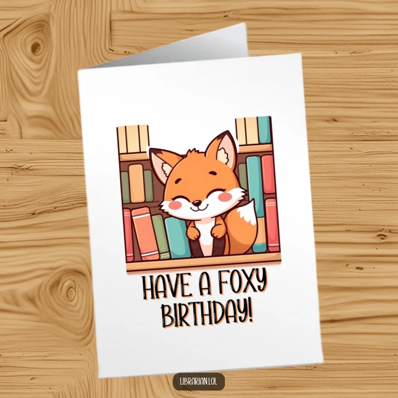 Funny Free Printable birthday card with a playful fox peeking from behind a bookshelf with a mischievous grin, celebrating.