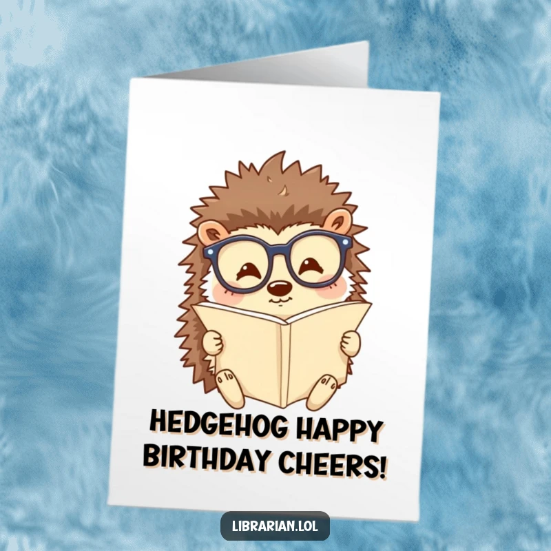 Funny Free Printable Birthday Card: A happy hedgehog wearing reading glasses, engrossed in a tiny scroll, celebrates.