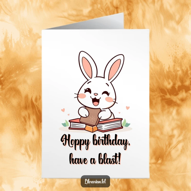 Funny Free Printable Birthday Card featuring a happy rabbit vigorously stamping books with a giant rubber stamp.