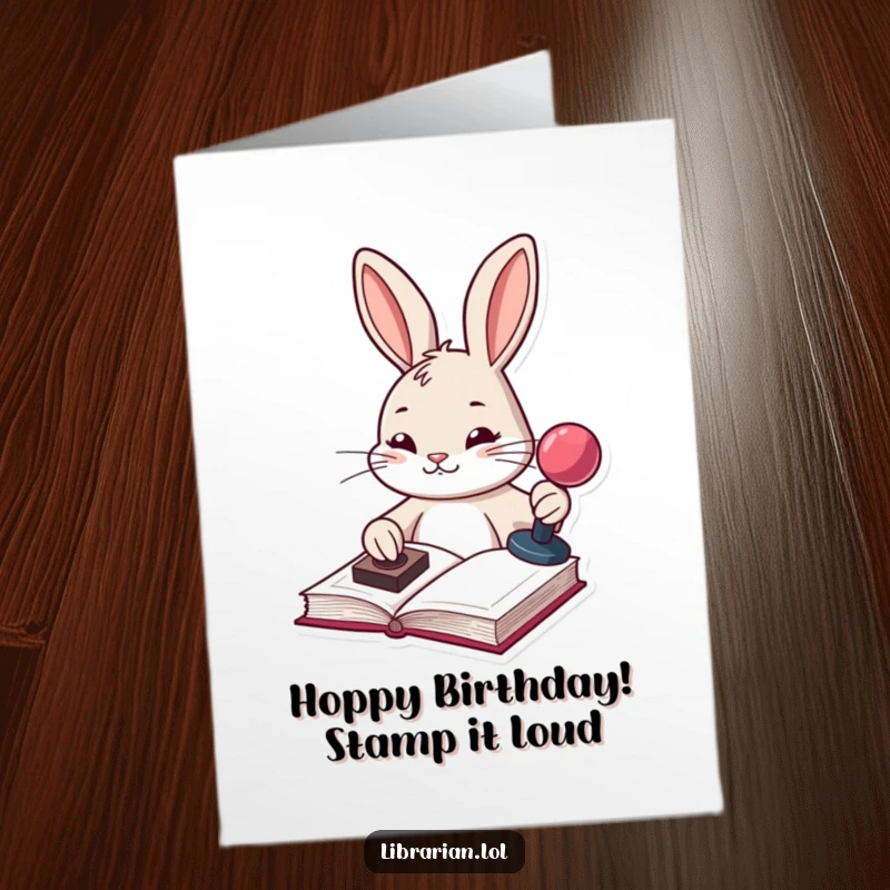 Funny Free Printable birthday card with a determined bunny stamping a book with a stamp pad, looking very satisfied.