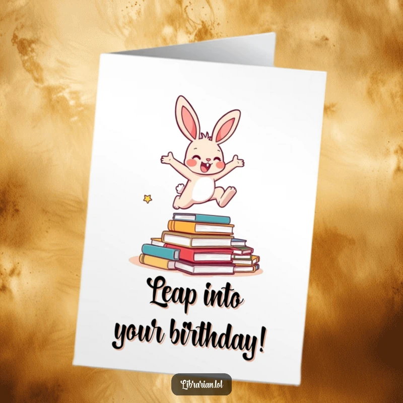 Funny Free Printable Birthday Card: Energetic bunny leaping over a pile of overdue books with joy.